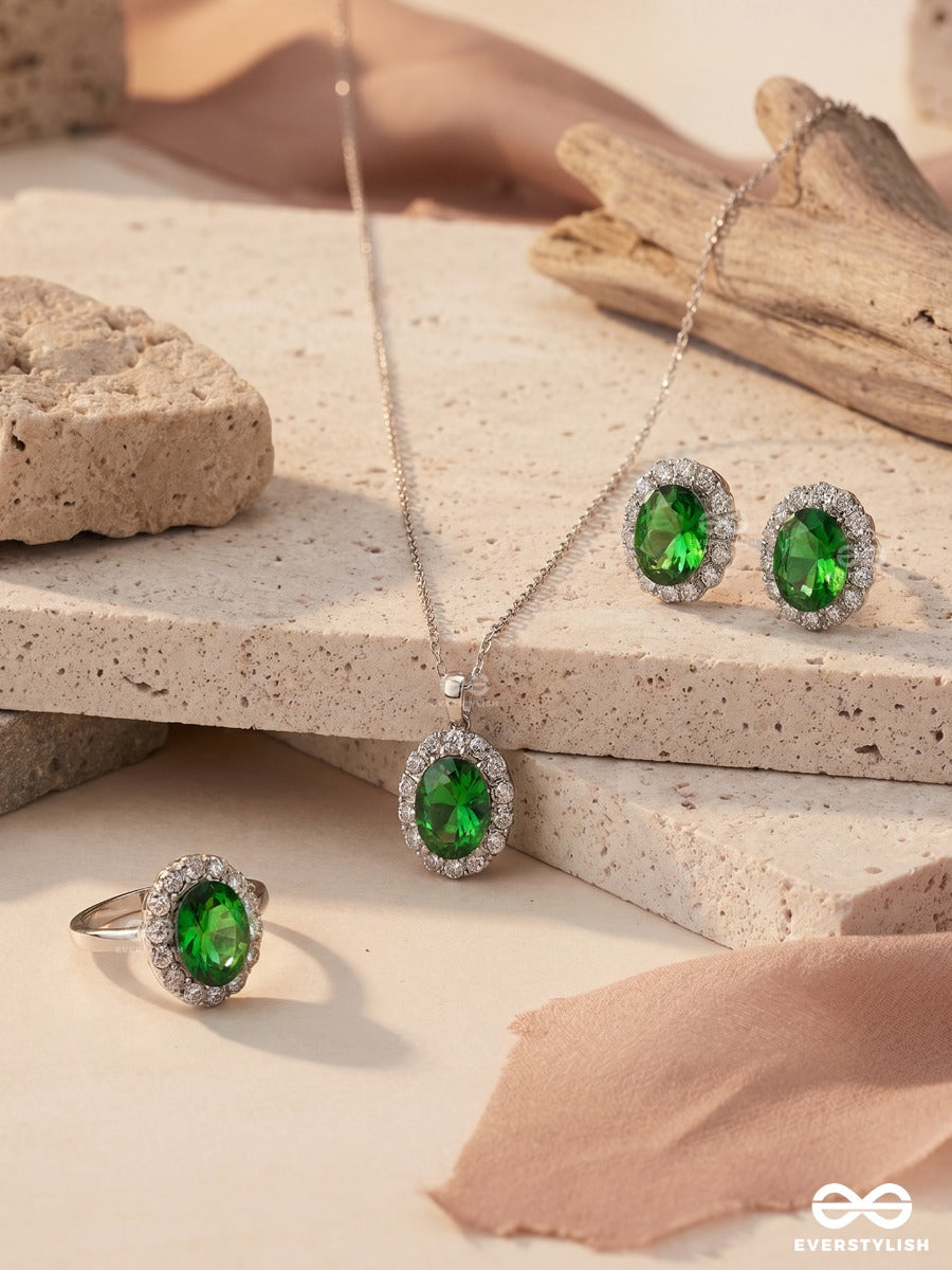 Green Drama – Sparkling Crystal Necklace, Ring & Earrings Set