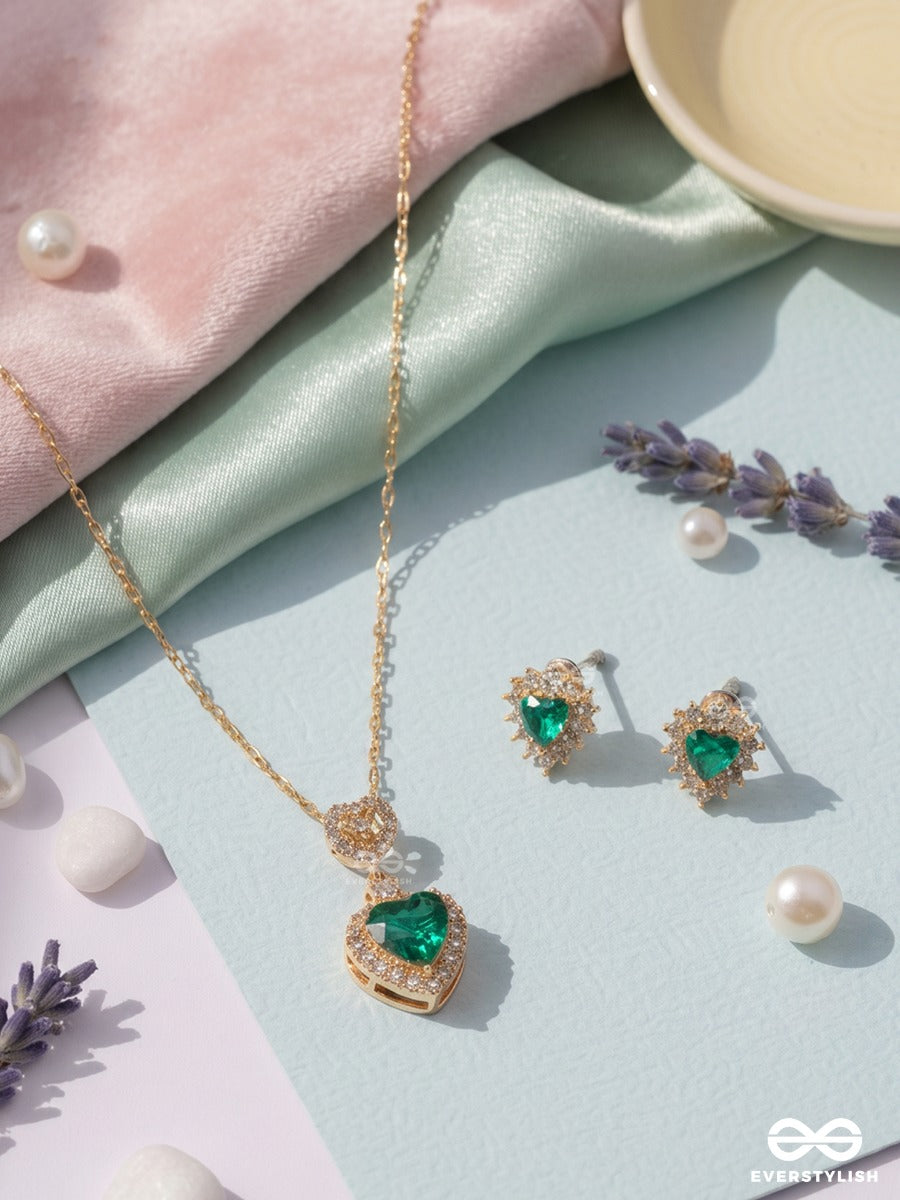 Green Flag – Crystal Heart Pendant Necklace & Earrings Set
