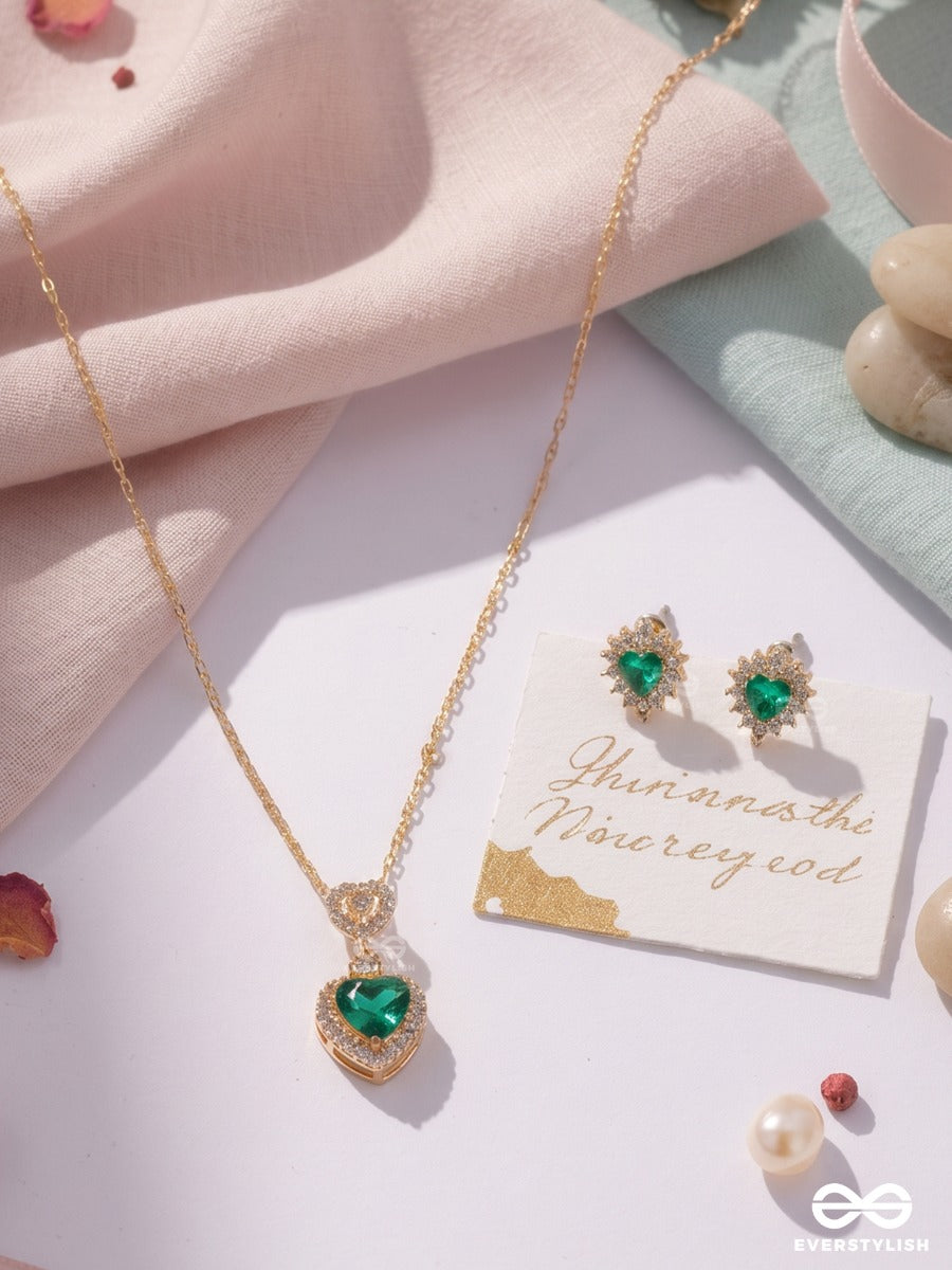 Green Flag – Crystal Heart Pendant Necklace & Earrings Set