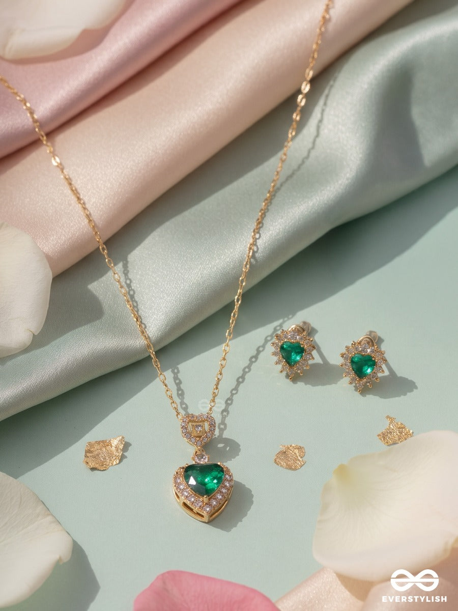Green Flag – Crystal Heart Pendant Necklace & Earrings Set