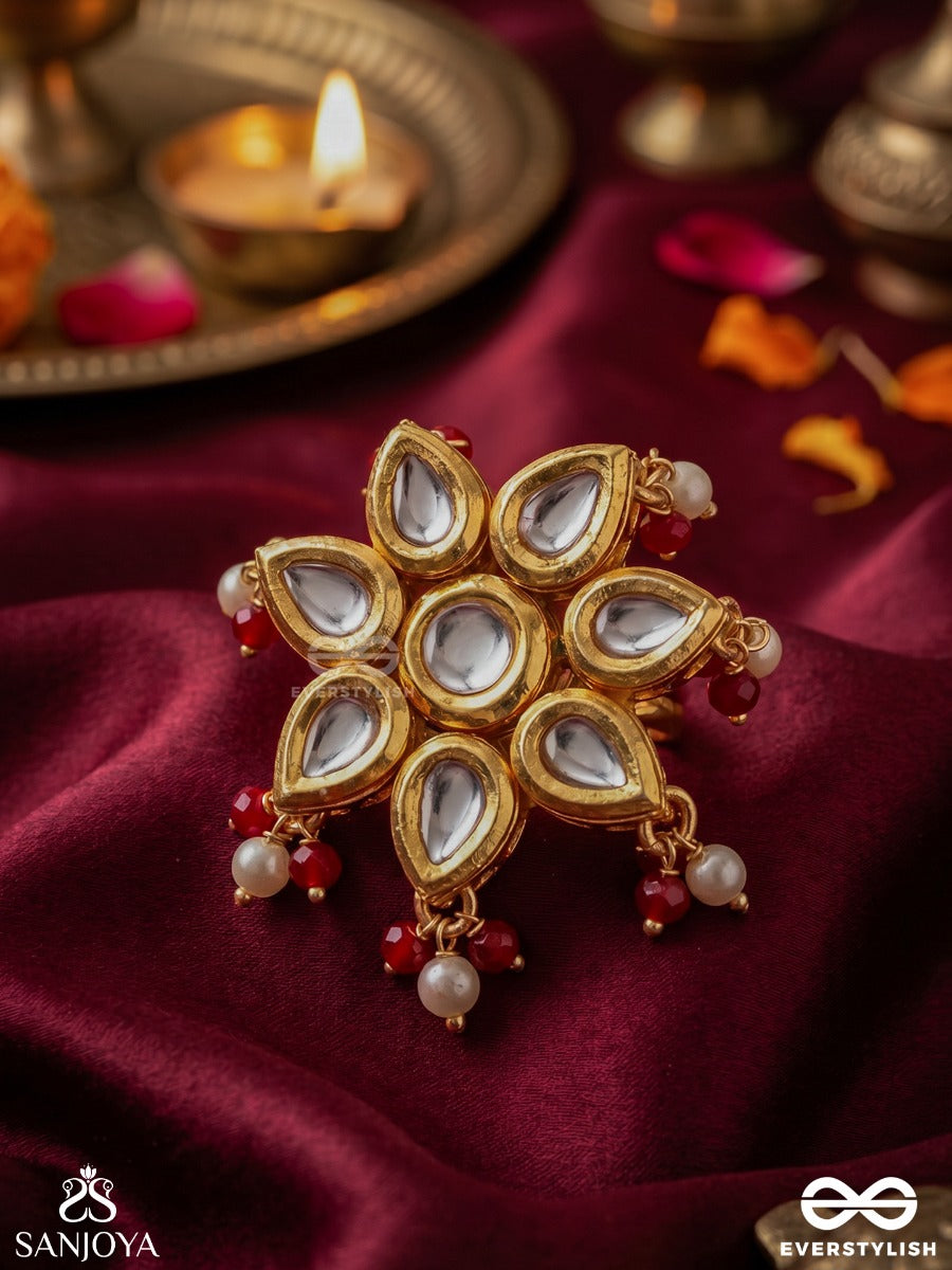 Suryaphool – Sun Bloom – Ornate Ring With Sun-Like Floral Motif, Mirror-Style Stonework, Gold-Tone Frame And Red Bead Accents