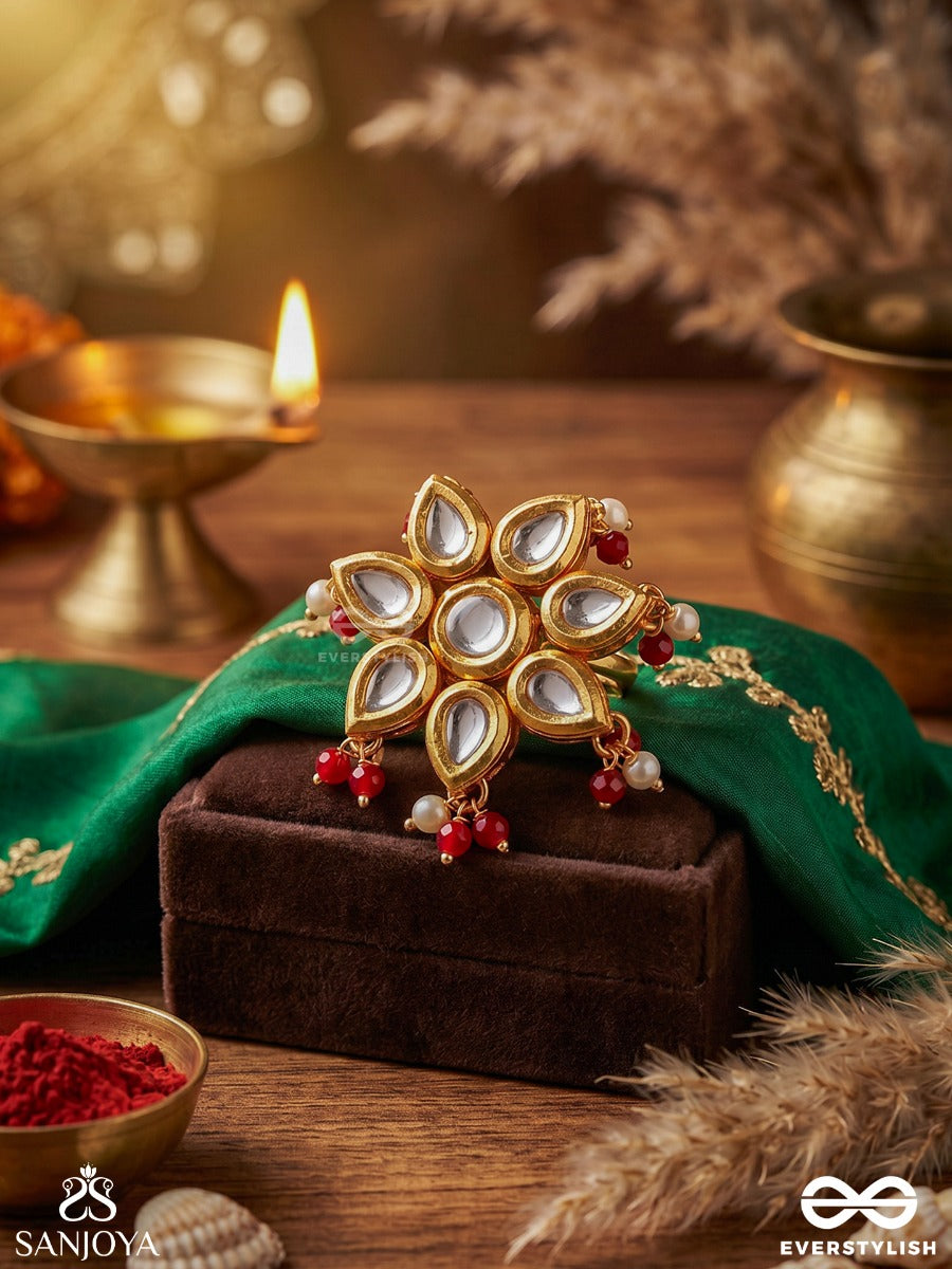 Suryaphool – Sun Bloom – Ornate Ring With Sun-Like Floral Motif, Mirror-Style Stonework, Gold-Tone Frame And Red Bead Accents