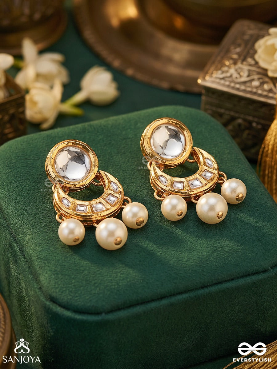 Muktachandra – Pearl Moon – Festive Earrings With Round Reflective Top, Crescent-Inspired Motif And Lustrous Pearl Drop Hangings