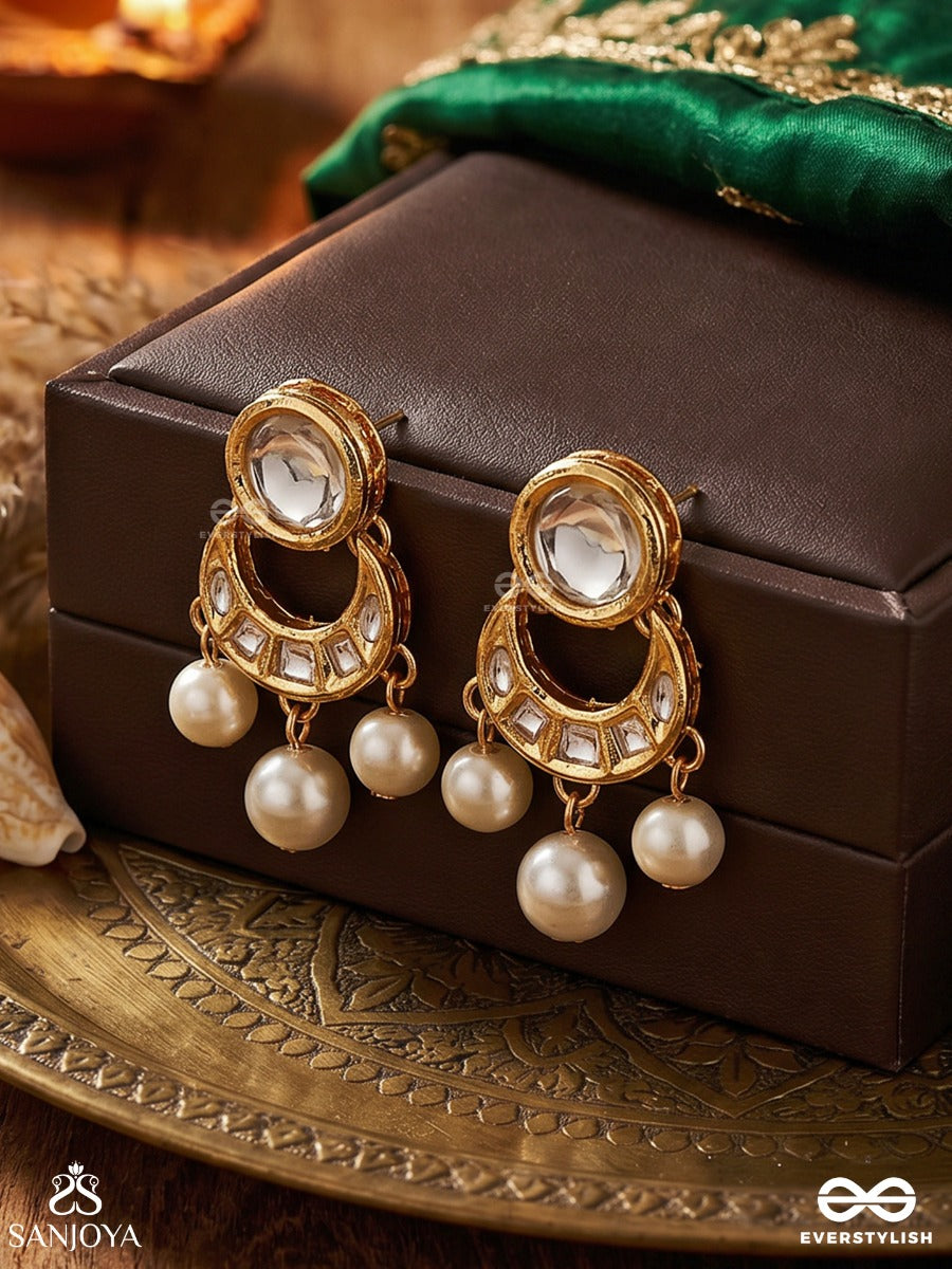 Muktachandra – Pearl Moon – Festive Earrings With Round Reflective Top, Crescent-Inspired Motif And Lustrous Pearl Drop Hangings