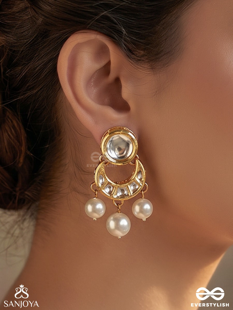 Muktachandra – Pearl Moon – Festive Earrings With Round Reflective Top, Crescent-Inspired Motif And Lustrous Pearl Drop Hangings