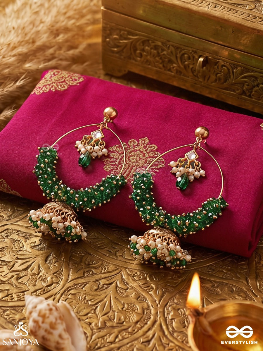 Meenakiran – Enamelled Ray – Elegant Earrings With Green Stone Beadwork, Pearl-Top Detail And Dainty Gold-Tone Jhumka Danglers