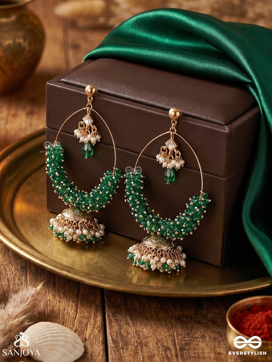 Meenakiran – Enamelled Ray – Elegant Earrings With Green Stone Beadwork, Pearl-Top Detail And Dainty Gold-Tone Jhumka Danglers