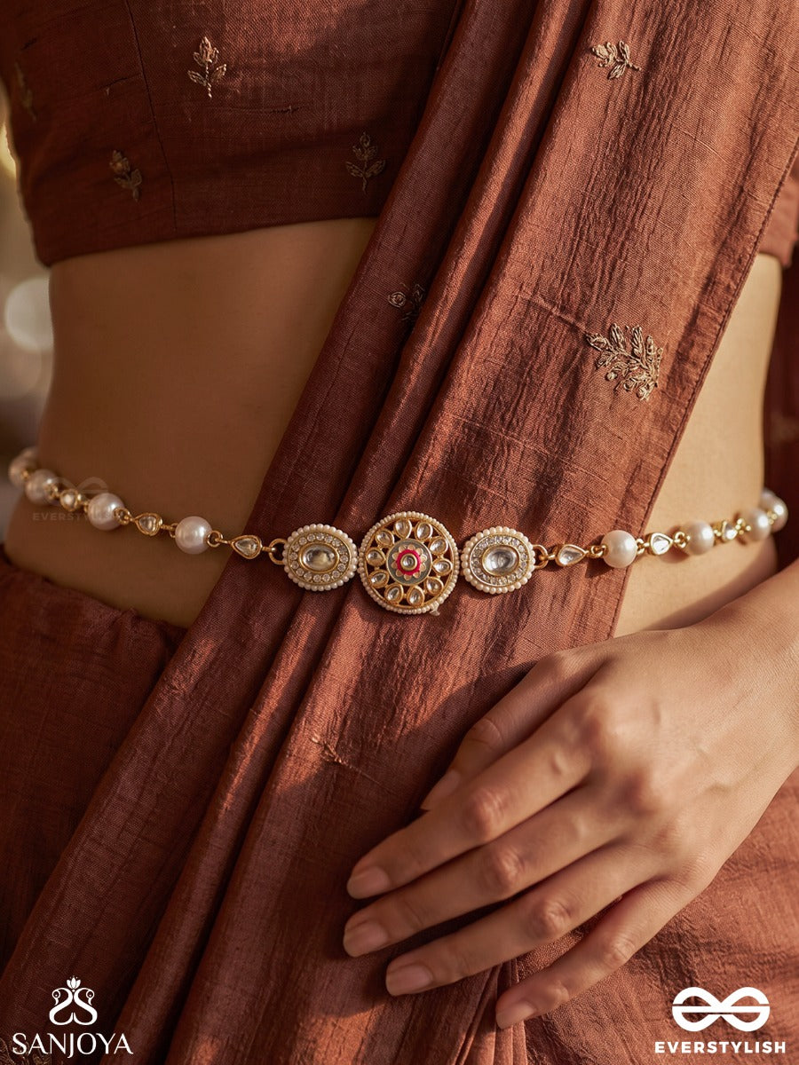 Nirmalkati – Pure Waist Beauty – Delicate Waist Chain With Slender Pearl-Lined Detailing, Ornamental Center Motif And Gold-Tone Chain Finish