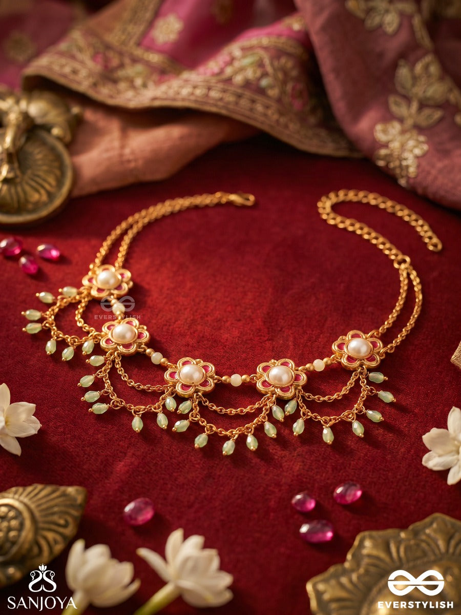 Somkusuma – Moon Bloom – Ornate Necklace With Repeated Crescent Motifs, Floral Center Details And Delicate Bead-Lined Accents
