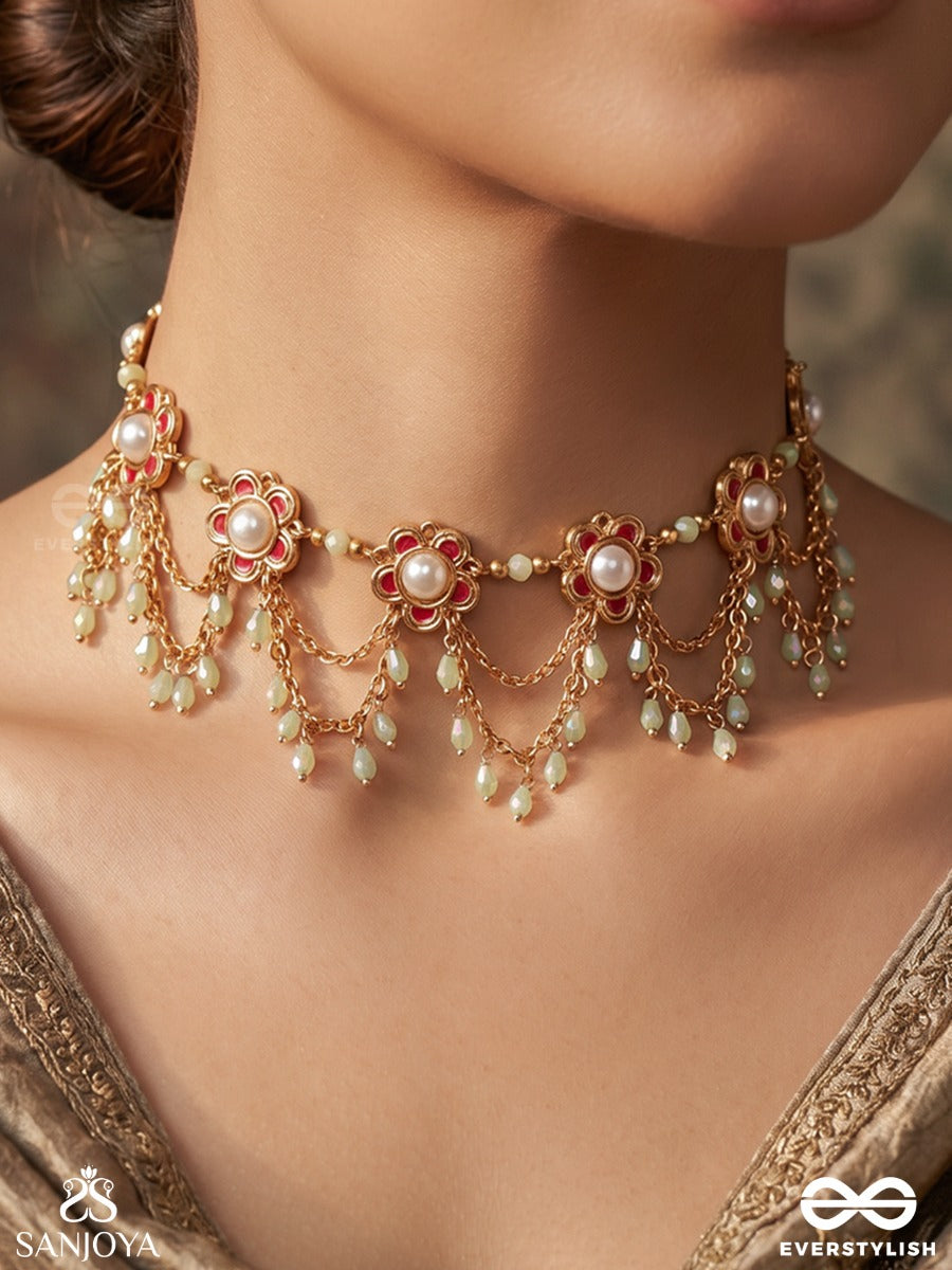 Somkusuma – Moon Bloom – Ornate Necklace With Repeated Crescent Motifs, Floral Center Details And Delicate Bead-Lined Accents