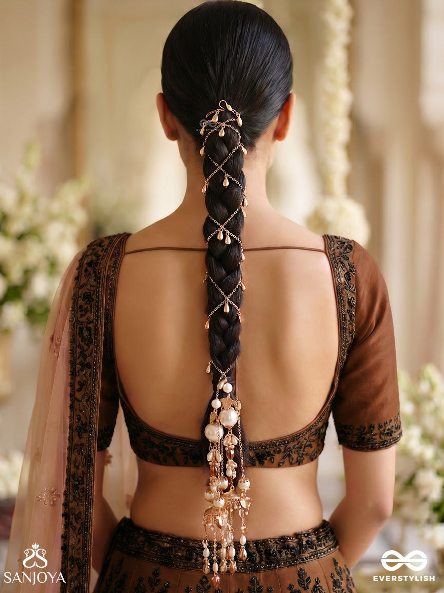 Keshanjali – Offering To The Hair – Ornate Braid Parandi With Flowing Chain Strands, Ornamental End Detail And Pearl-Bead Danglers