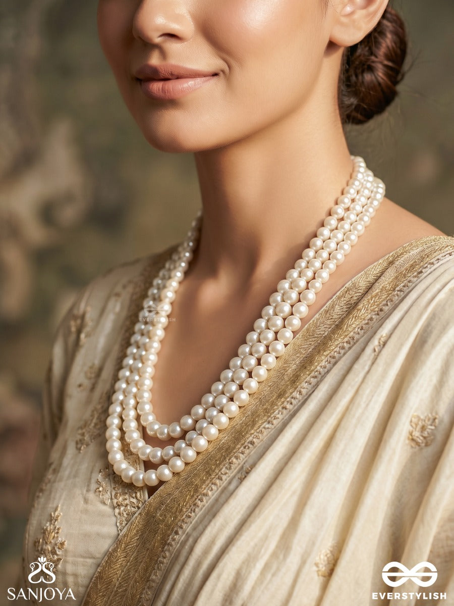 Shwetamaala – White Garland – Ornate Necklace With Flowing Pearl Rows, Refined Strand Detailing And Minimal Gold-Tone Extensions