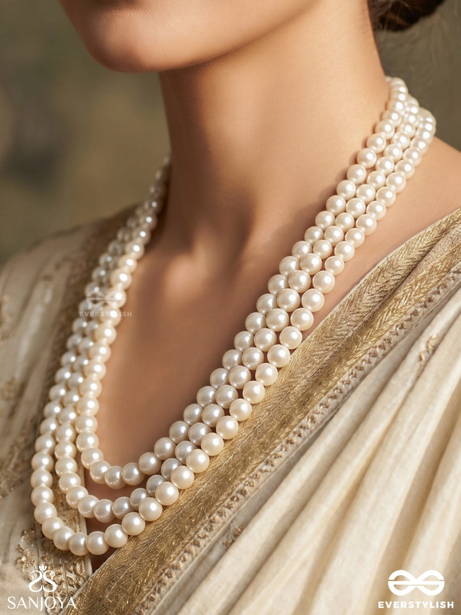 Shwetamaala – White Garland – Ornate Necklace With Flowing Pearl Rows, Refined Strand Detailing And Minimal Gold-Tone Extensions