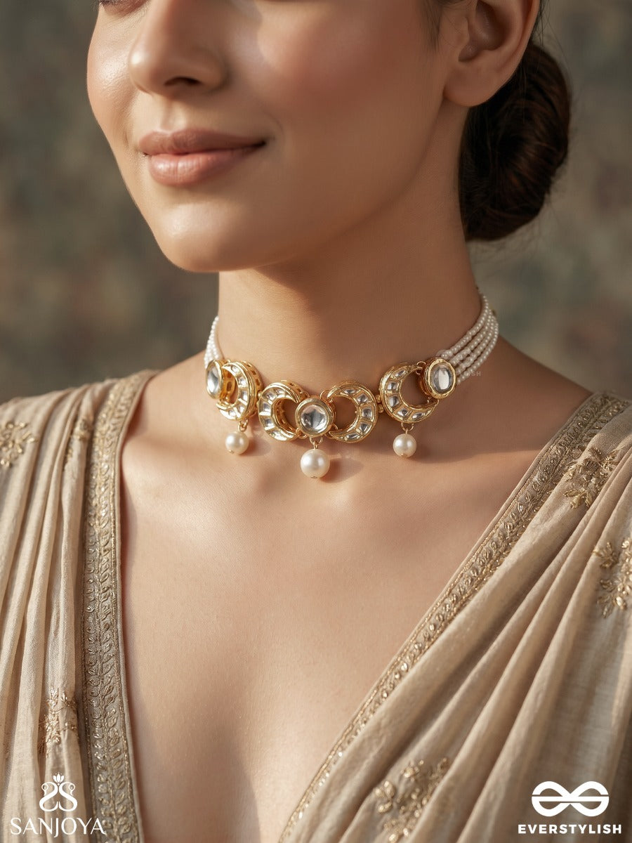 Muktachandra – Pearl Moon – Elegant Necklace With Slender Pearl Strands, Ornamental Round Center Links And Delicate Gold-Tone Chain Finish