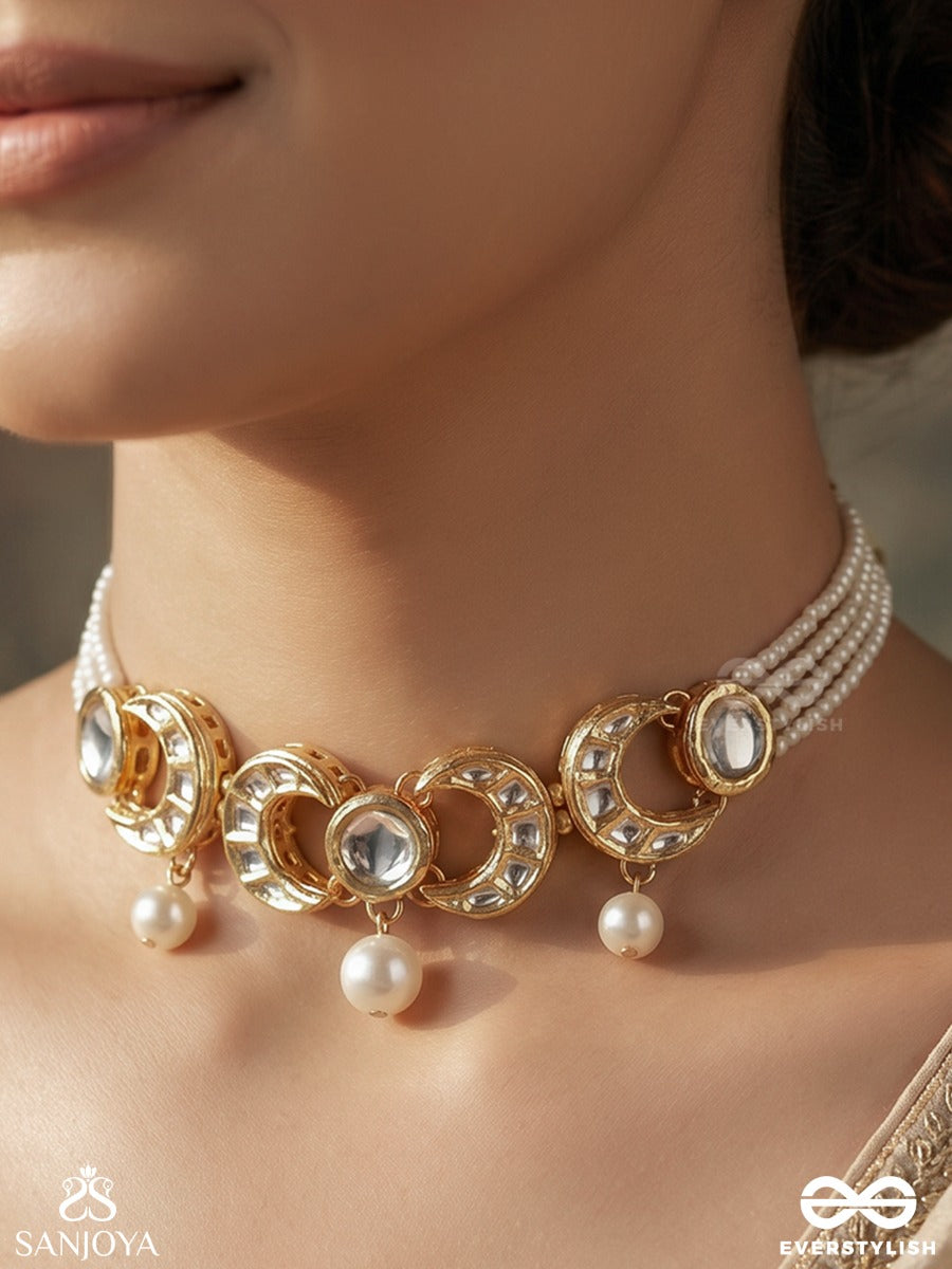 Muktachandra – Pearl Moon – Elegant Necklace With Slender Pearl Strands, Ornamental Round Center Links And Delicate Gold-Tone Chain Finish