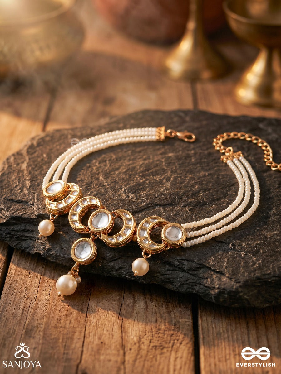 Muktachandra – Pearl Moon – Elegant Necklace With Slender Pearl Strands, Ornamental Round Center Links And Delicate Gold-Tone Chain Finish