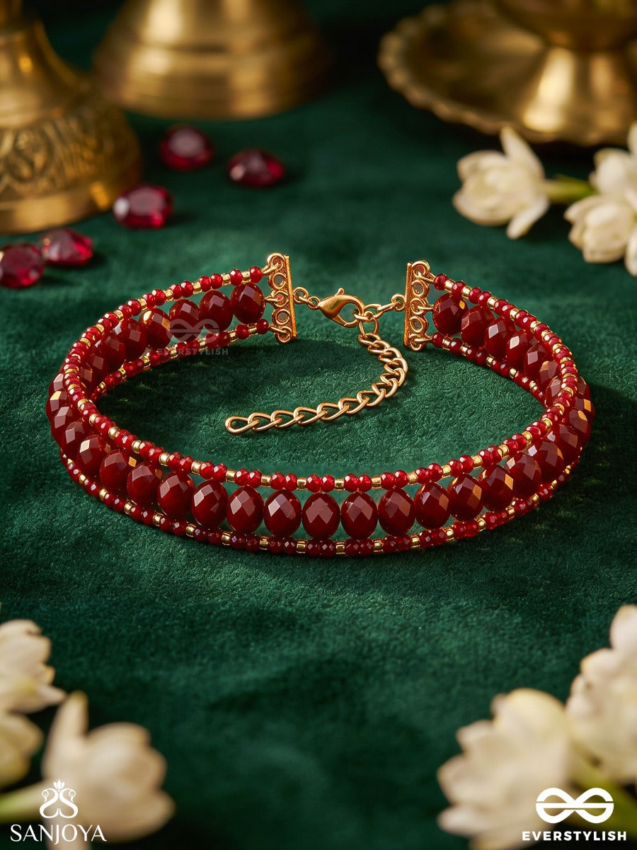 Manikmala – Ruby Garland – Elegant Choker With Deep Maroon Bead Strands, Slender Gold-Tone Ends And Refined Festive Detailing
