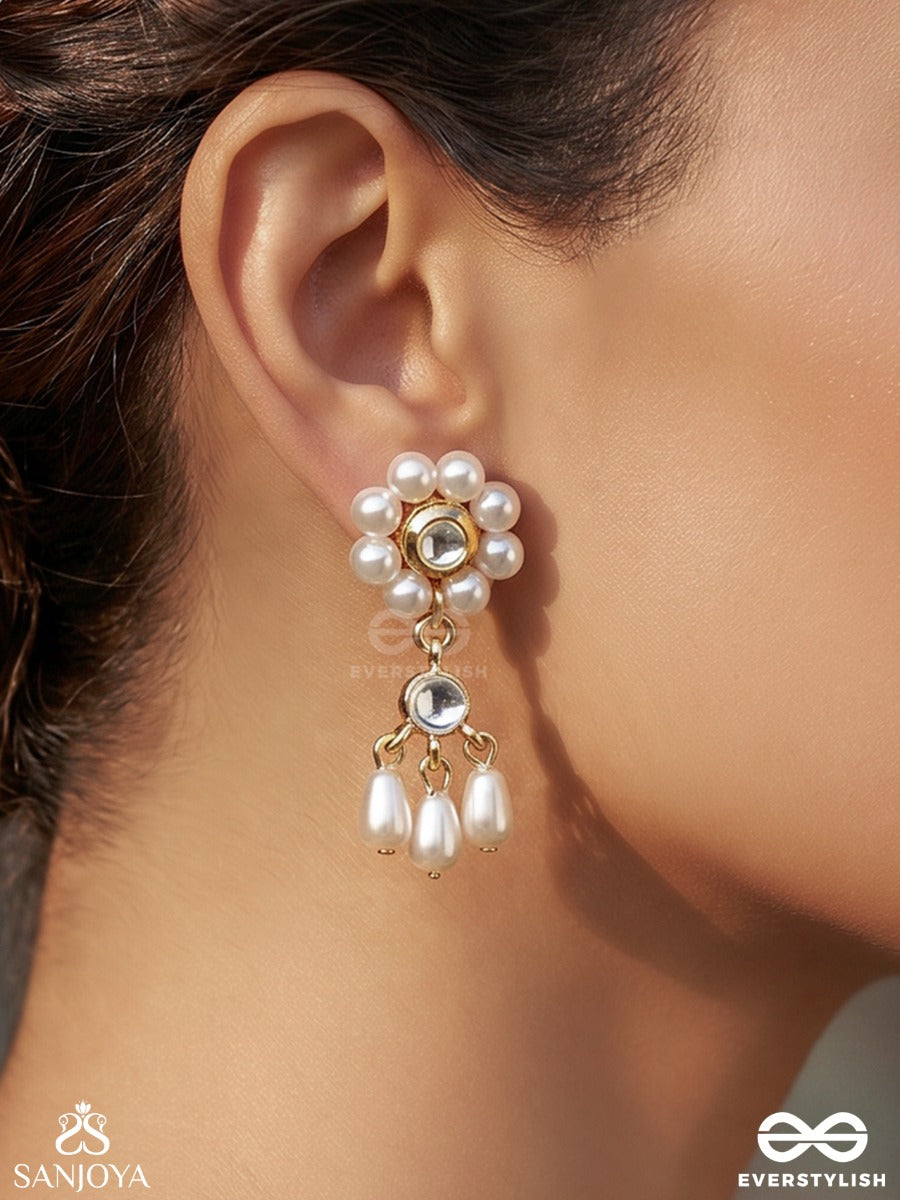 Pushpavahi – Flow Of Blossoms – Elegant Earrings With Pearl-Edged Floral Top, Delicate Gold-Tone Framework And Soft Blush Drop Danglers