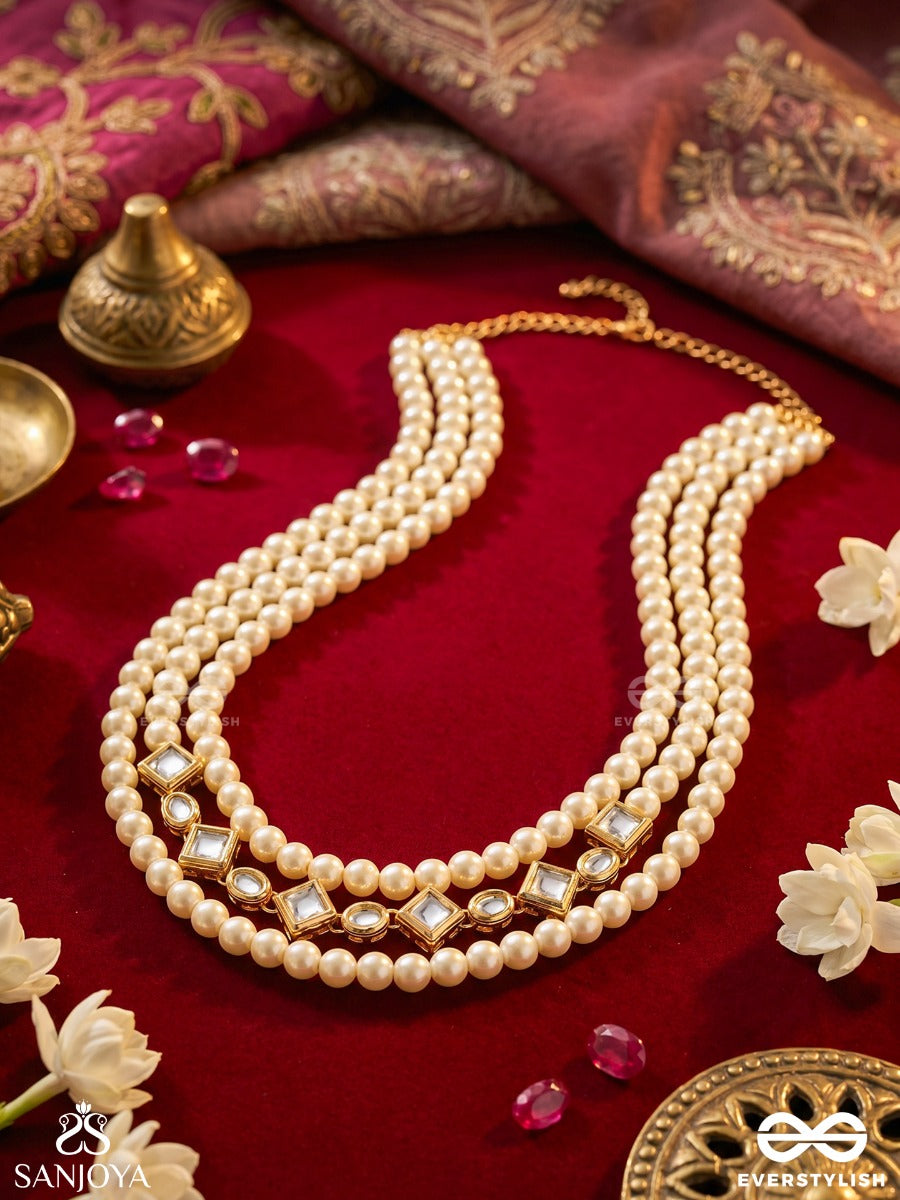 Hansika – Swan-Like Beauty – Elegant Necklace With Layered White Bead Strands, Square Gold-Tone Links And Refined Occasion Detailing
