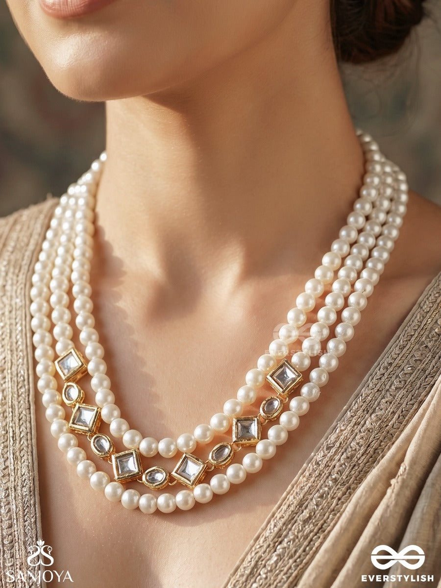 Hansika – Swan-Like Beauty – Elegant Necklace With Layered White Bead Strands, Square Gold-Tone Links And Refined Occasion Detailing