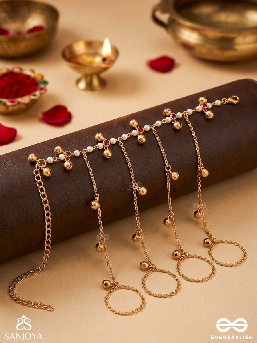 Karrekha – Trace Of The Hand – Delicate Hathphool With Multi-Ring Loops, Slender Gold-Tone Chains And Dainty Bead Accents