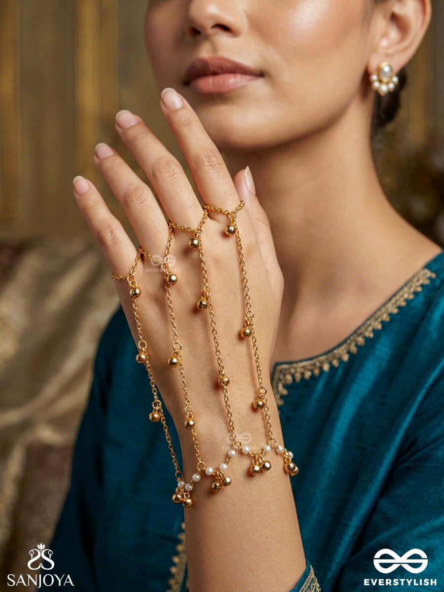 Karrekha – Trace Of The Hand – Delicate Hathphool With Multi-Ring Loops, Slender Gold-Tone Chains And Dainty Bead Accents
