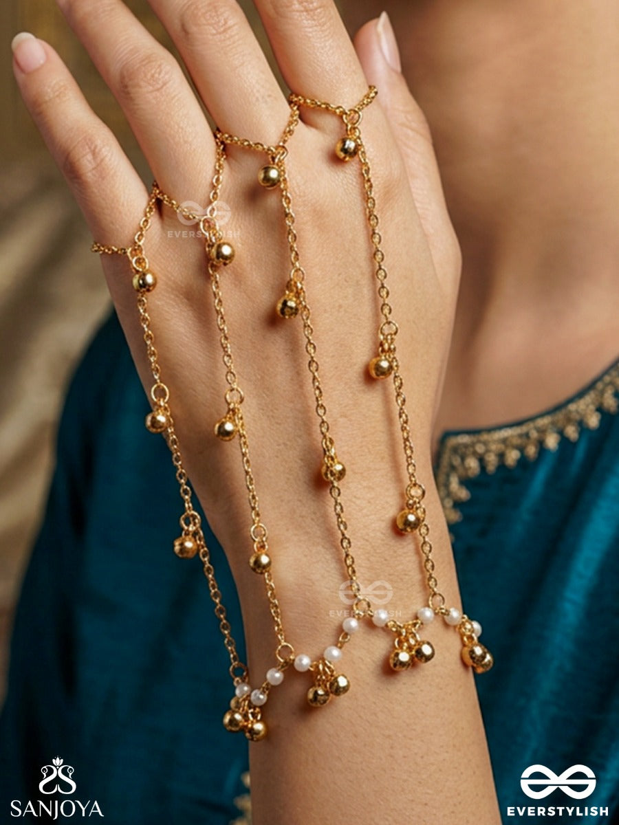 Karrekha – Trace Of The Hand – Delicate Hathphool With Multi-Ring Loops, Slender Gold-Tone Chains And Dainty Bead Accents