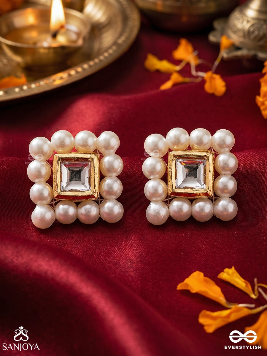 Hansika – Swan-Like Beauty – Delicate Earrings With Square Gold-Tone Center, White Bead Frame And Soft Festive Finish