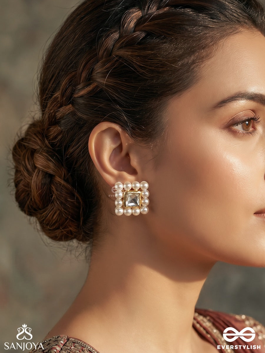 Hansika – Swan-Like Beauty – Delicate Earrings With Square Gold-Tone Center, White Bead Frame And Soft Festive Finish