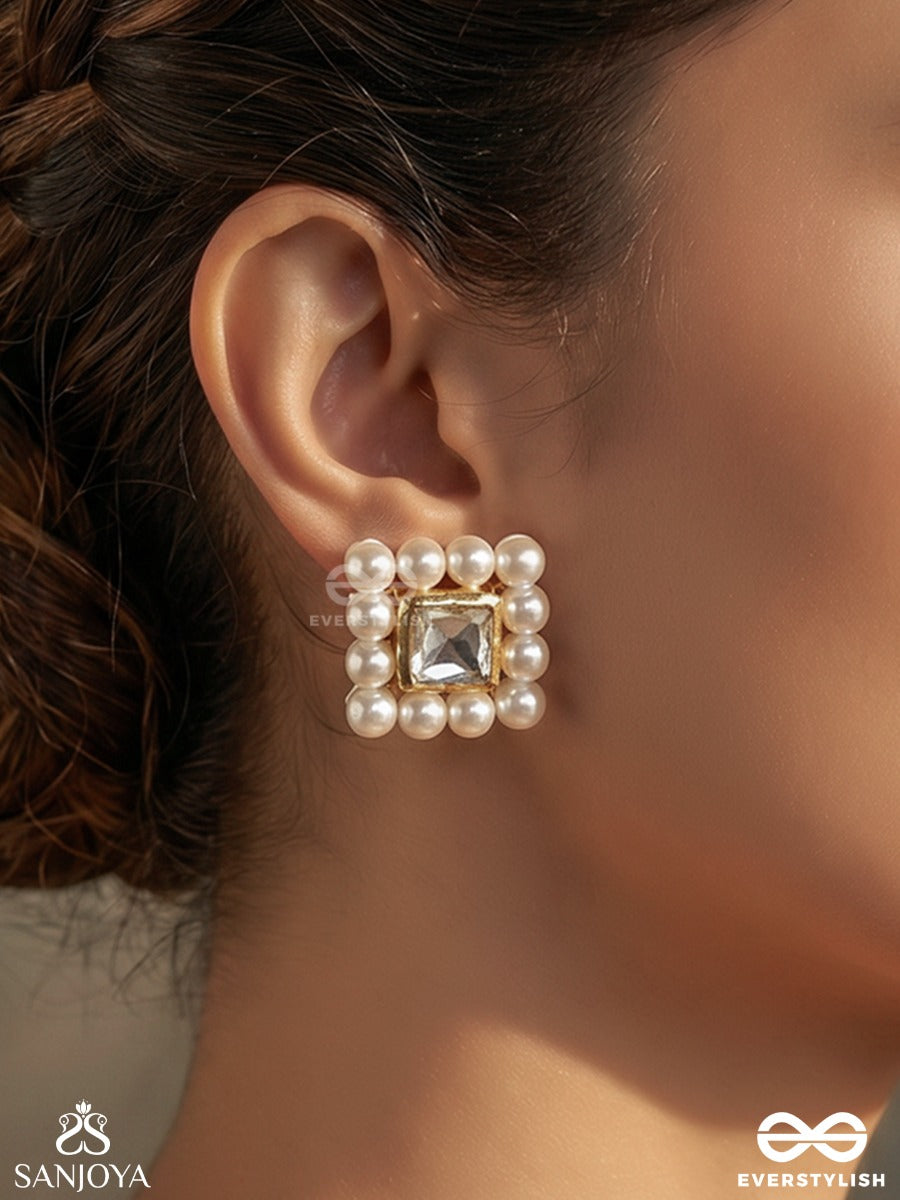 Hansika – Swan-Like Beauty – Delicate Earrings With Square Gold-Tone Center, White Bead Frame And Soft Festive Finish