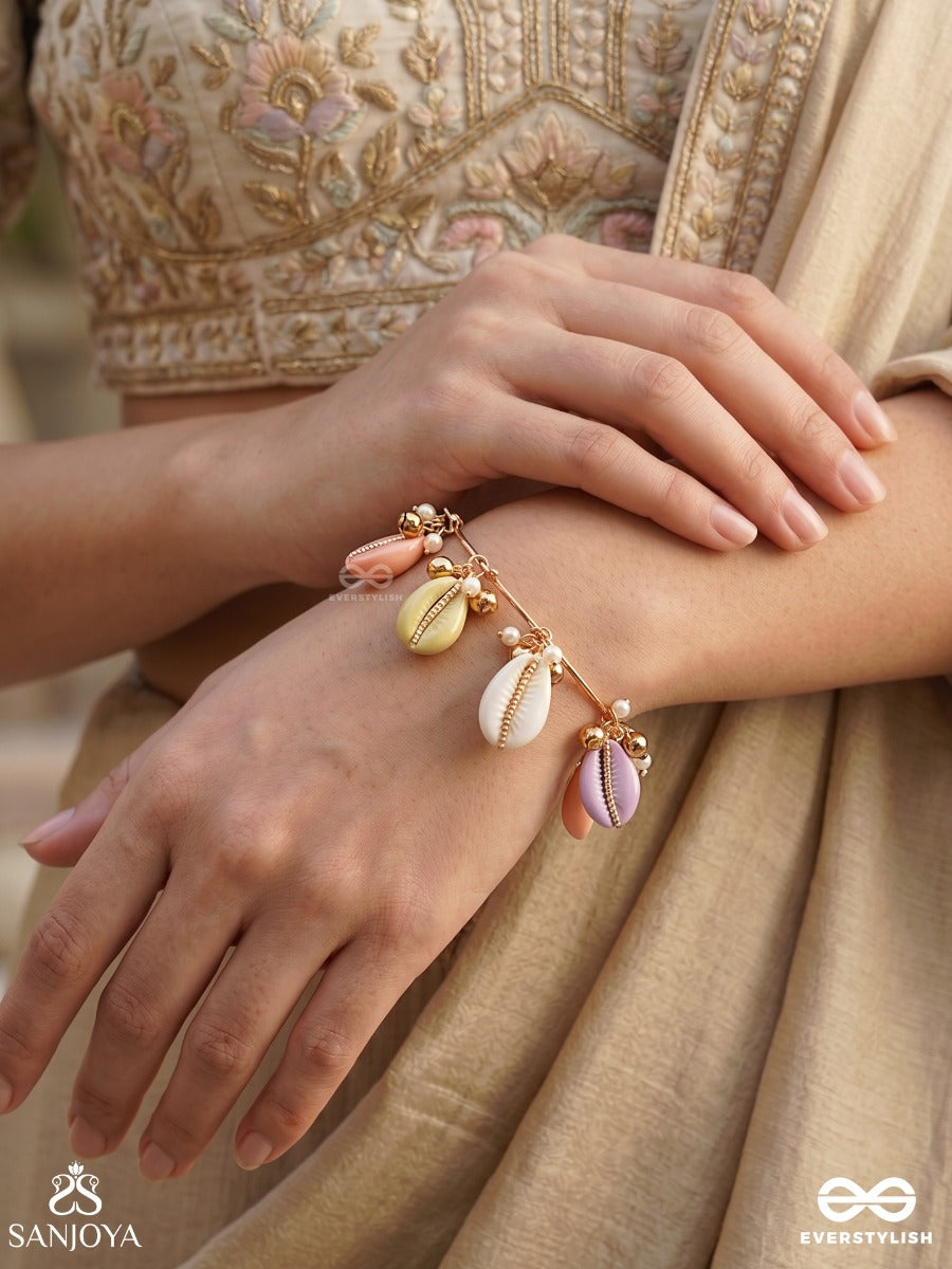 Rangkavya – Poem Of Colours – Ornate Single Piece Bracelet With Pastel Shell Charms, Gold-Tone Bead Details And Delicate Dangling Accents