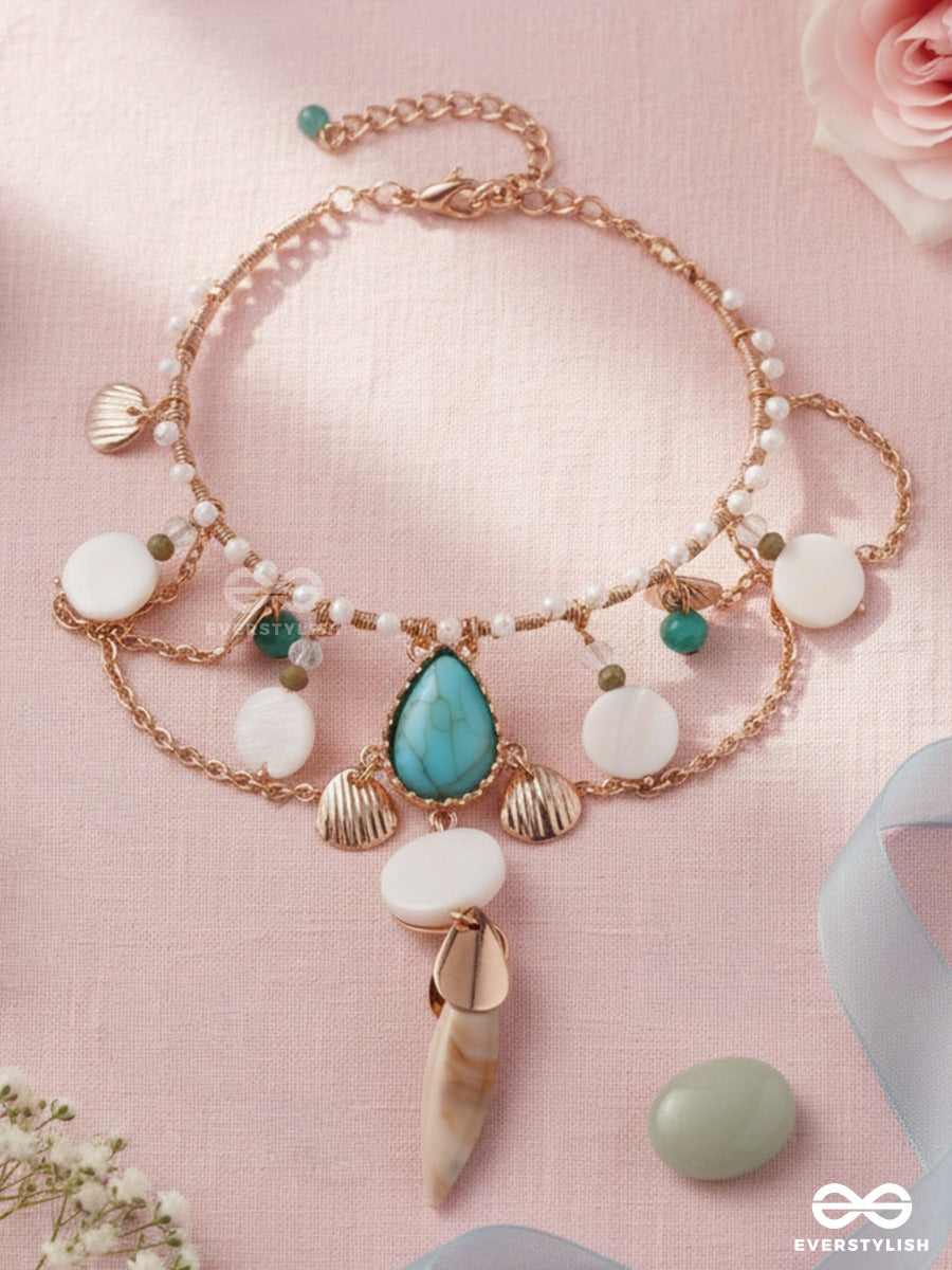 Tarashankh – Starry Shell – Festive Single Armlet With Turquoise Teardrop Motif, Golden Shell Charms And Soft Pastel Bead Hangings