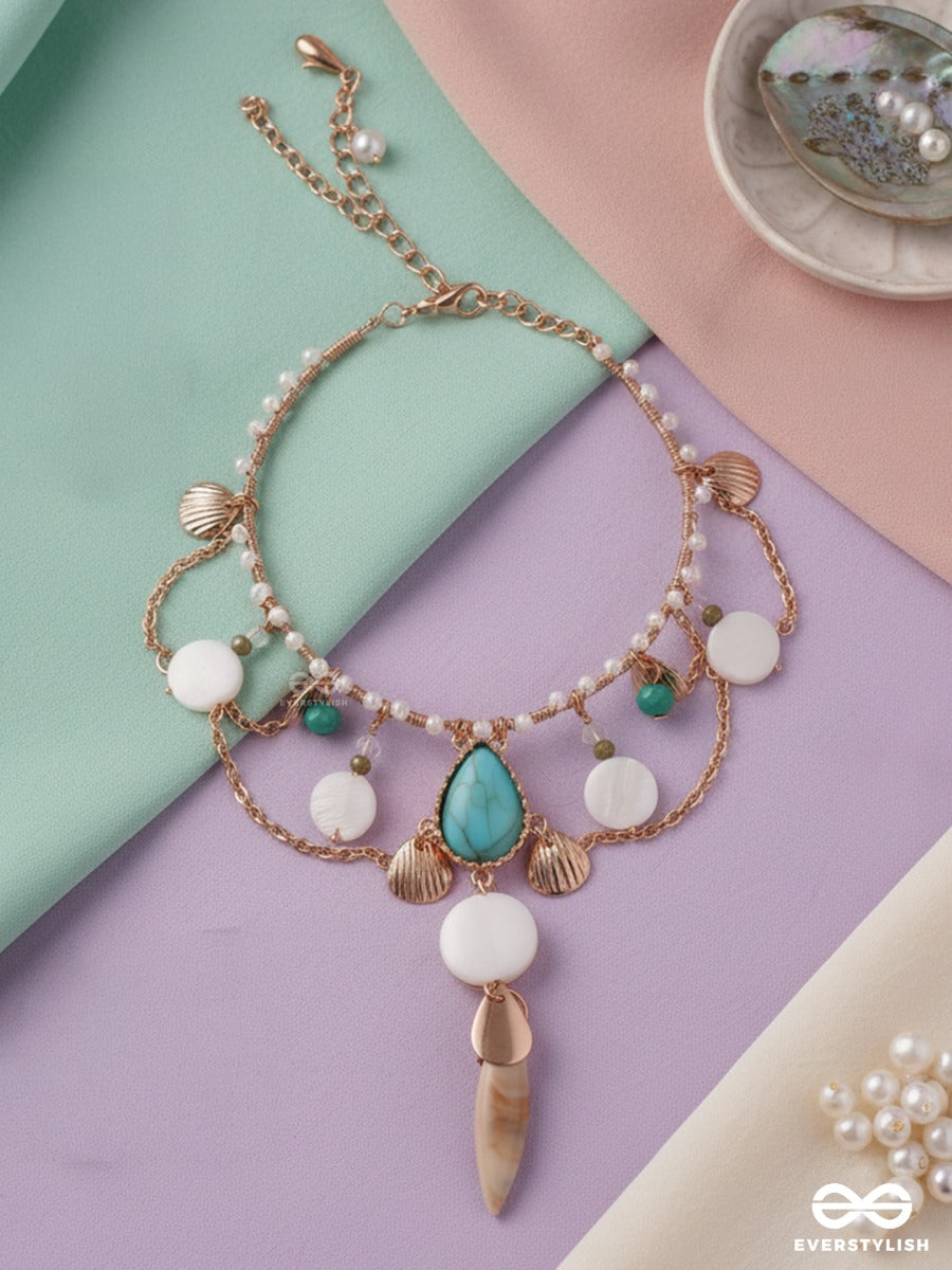 Tarashankh – Starry Shell – Festive Single Armlet With Turquoise Teardrop Motif, Golden Shell Charms And Soft Pastel Bead Hangings