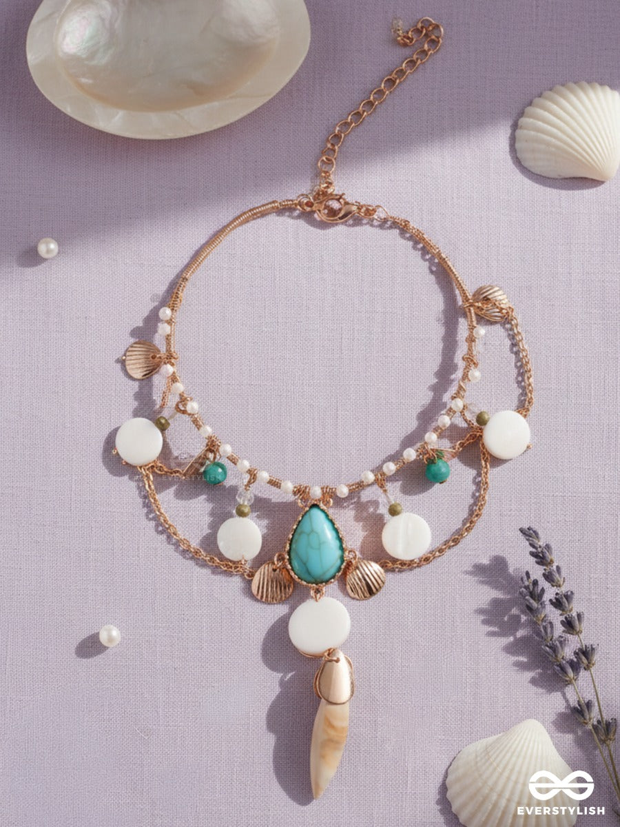 Tarashankh – Starry Shell – Festive Single Armlet With Turquoise Teardrop Motif, Golden Shell Charms And Soft Pastel Bead Hangings
