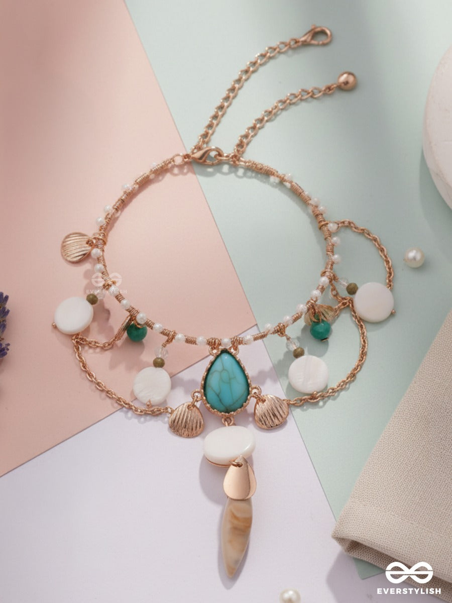 Tarashankh – Starry Shell – Festive Single Armlet With Turquoise Teardrop Motif, Golden Shell Charms And Soft Pastel Bead Hangings