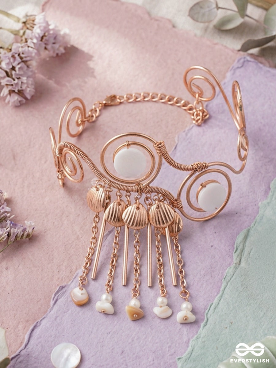 Shankhreva – Shell Flow – Festive Single Armlet With Shell-Like Charms, Golden Swirl Work, Pearl Hangings And Delicate Chain Drops