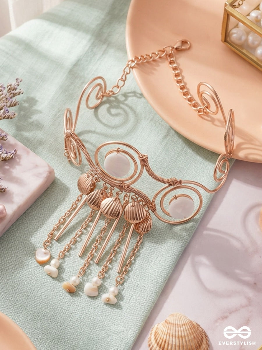 Shankhreva – Shell Flow – Festive Single Armlet With Shell-Like Charms, Golden Swirl Work, Pearl Hangings And Delicate Chain Drops