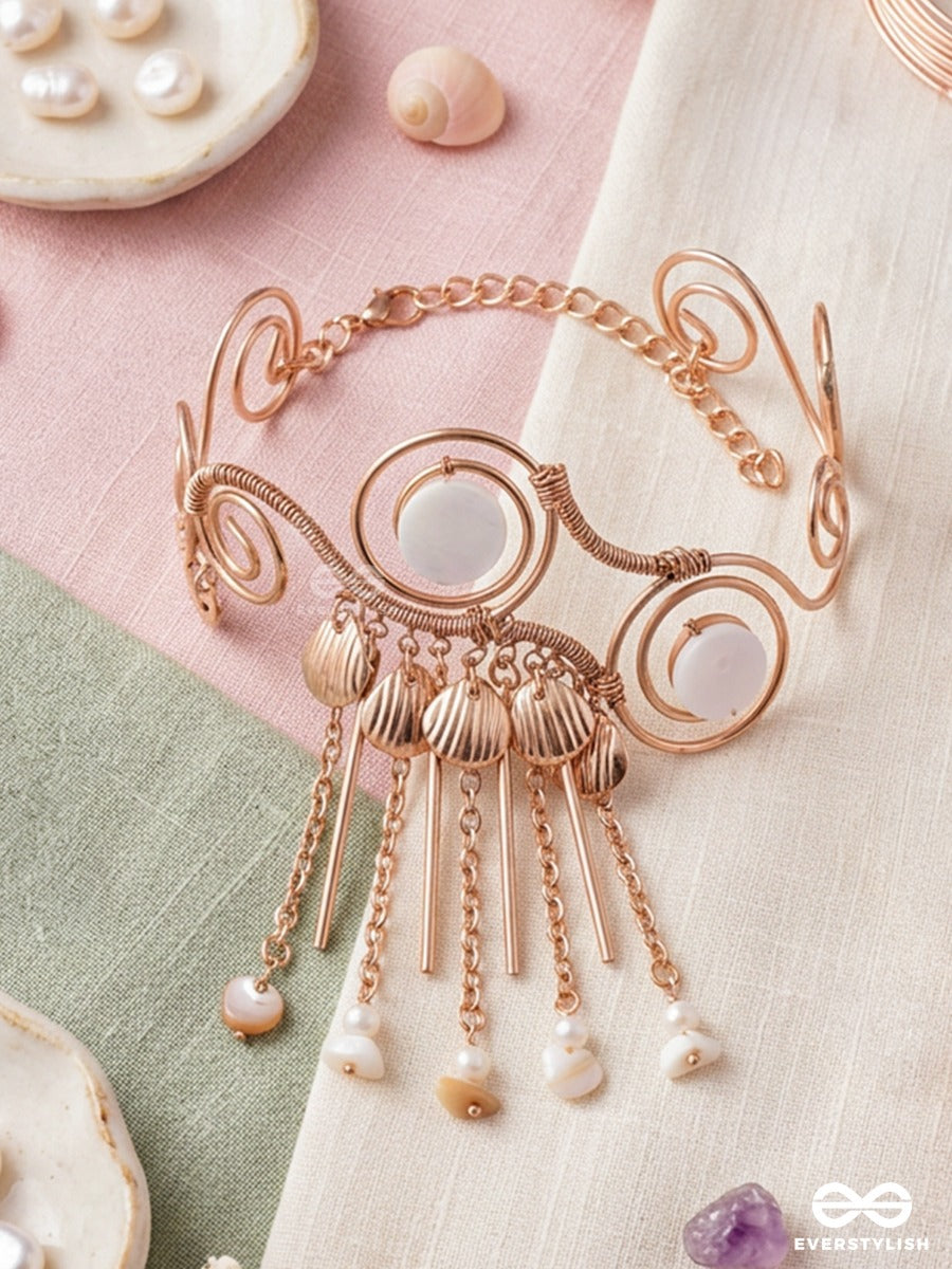 Shankhreva – Shell Flow – Festive Single Armlet With Shell-Like Charms, Golden Swirl Work, Pearl Hangings And Delicate Chain Drops
