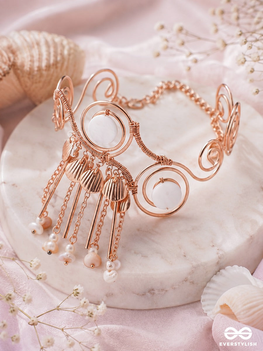 Shankhreva – Shell Flow – Festive Single Armlet With Shell-Like Charms, Golden Swirl Work, Pearl Hangings And Delicate Chain Drops