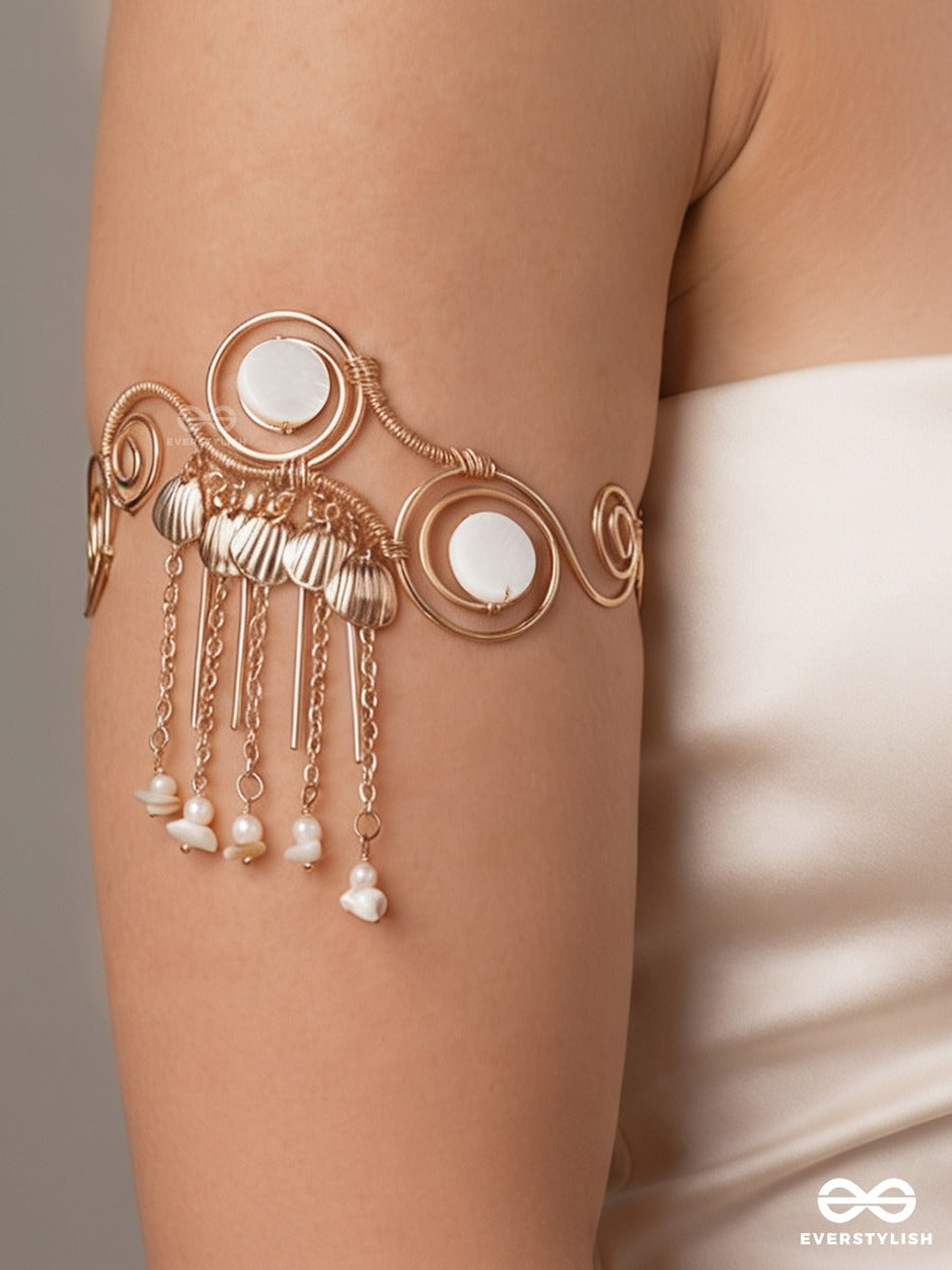 Shankhreva – Shell Flow – Festive Single Armlet With Shell-Like Charms, Golden Swirl Work, Pearl Hangings And Delicate Chain Drops