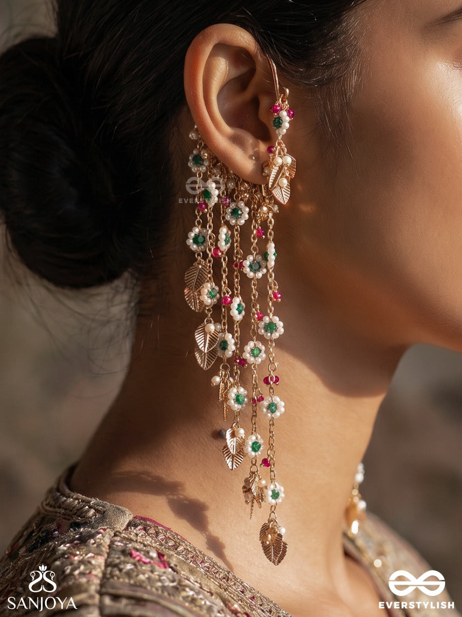 Rangpatri – Coloured Foliage – Ornate Single Earcuff With Curved Gold-Tone Form, Multi-Colour Bead Strands And Delicate Leaf Charm Danglers