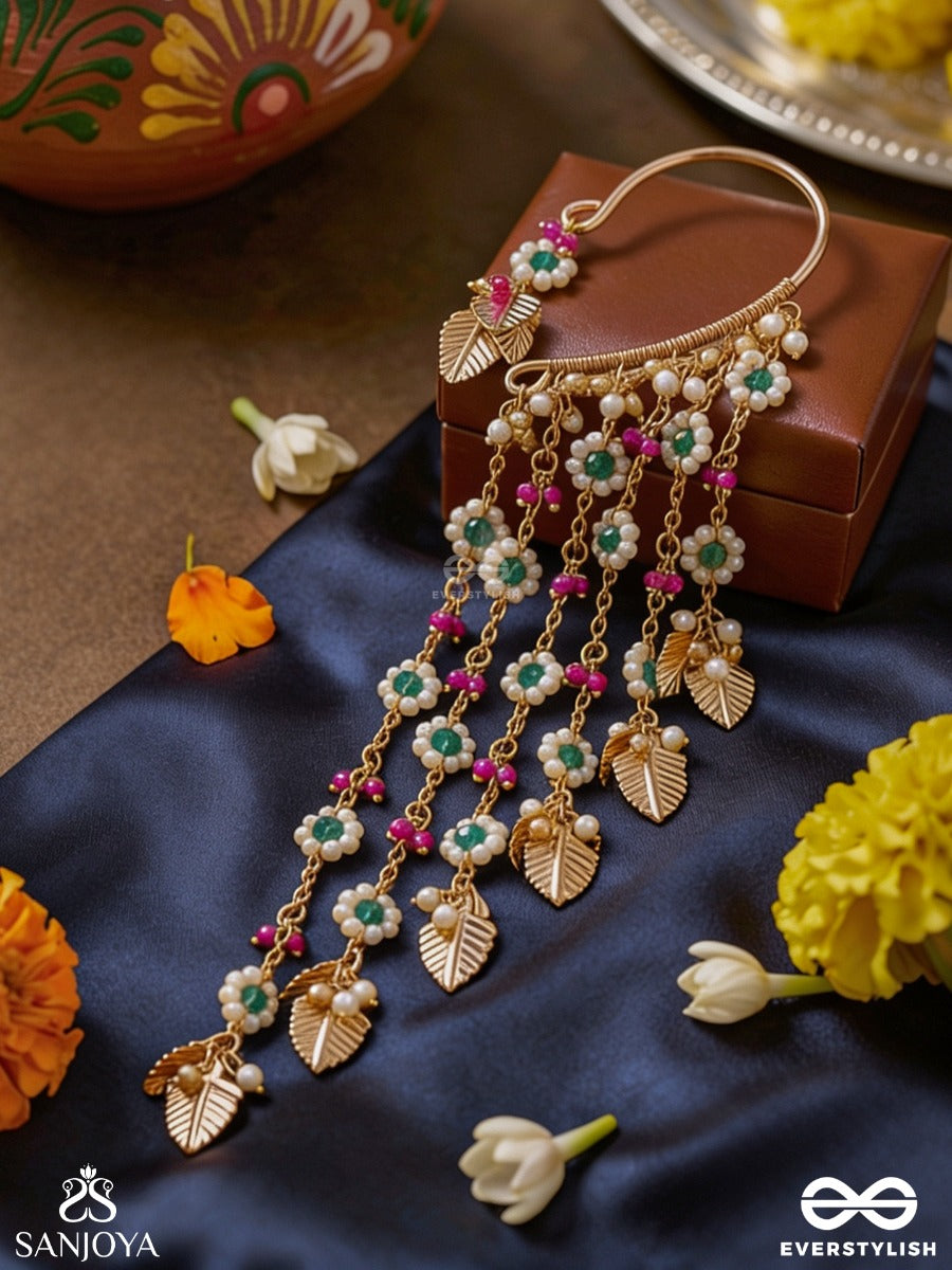 Rangpatri – Coloured Foliage – Ornate Single Earcuff With Curved Gold-Tone Form, Multi-Colour Bead Strands And Delicate Leaf Charm Danglers