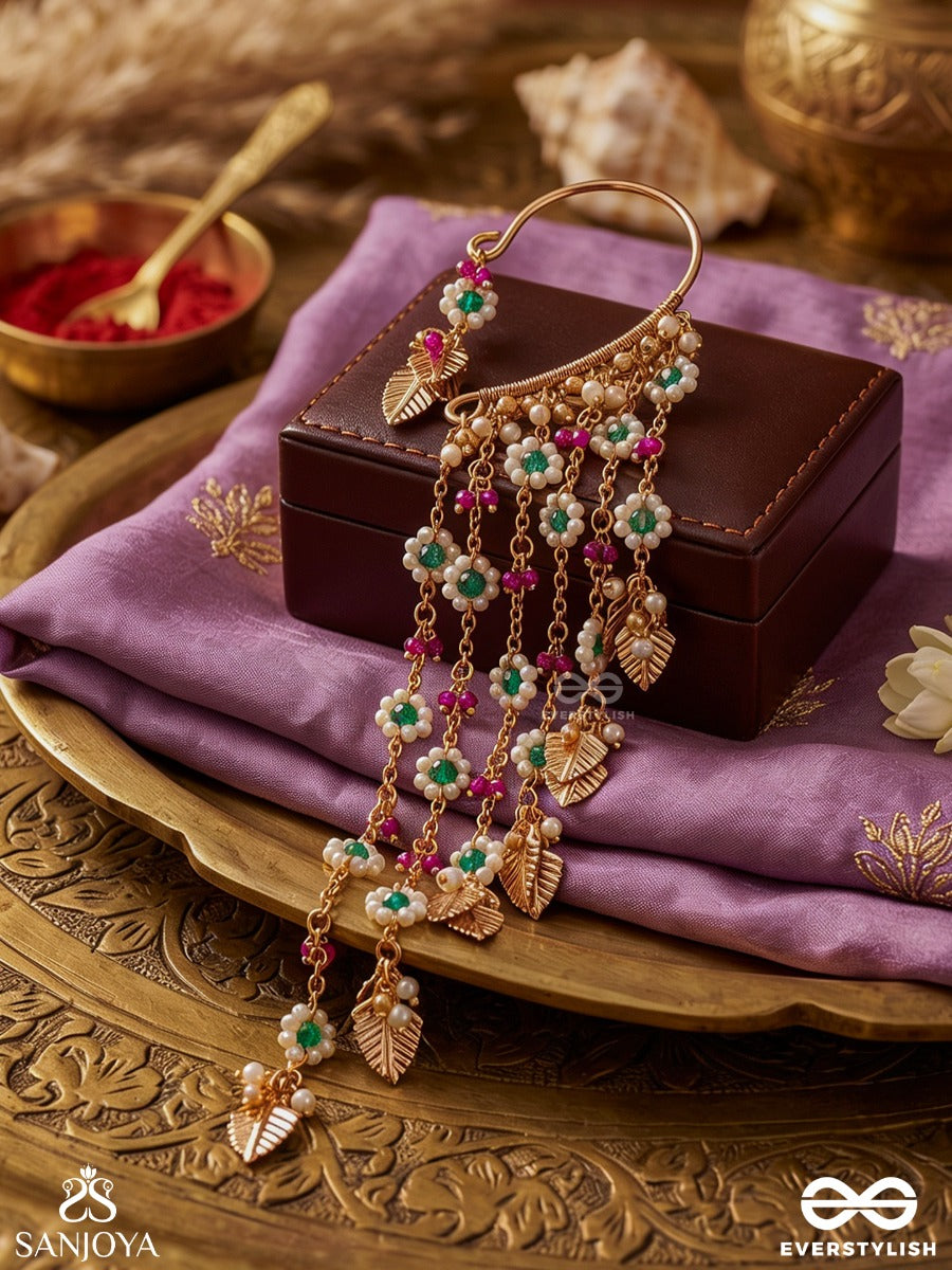 Rangpatri – Coloured Foliage – Ornate Single Earcuff With Curved Gold-Tone Form, Multi-Colour Bead Strands And Delicate Leaf Charm Danglers