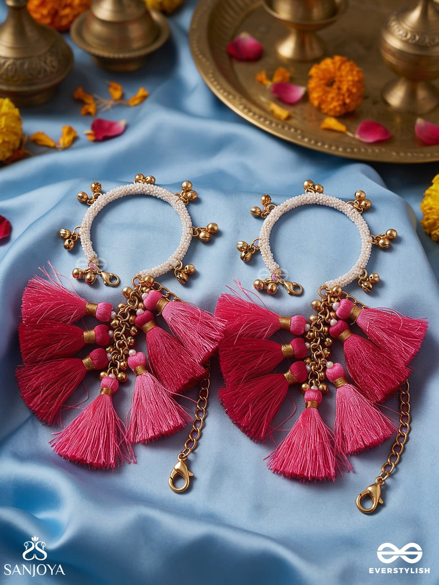 Gulabjhari – Rose Cascade – Festive Bangles Set Of 2 With Bright Pink Tassel Charms, Gold-Tone Bead Details And Delicate Dangling Accents