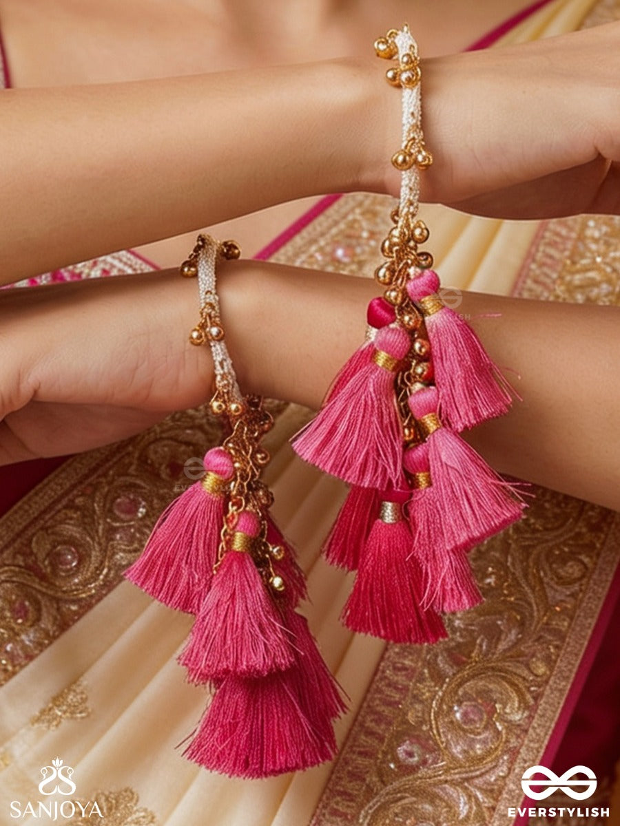 Gulabjhari – Rose Cascade – Festive Bangles Set Of 2 With Bright Pink Tassel Charms, Gold-Tone Bead Details And Delicate Dangling Accents