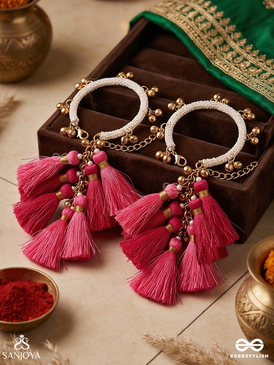 Gulabjhari – Rose Cascade – Festive Bangles Set Of 2 With Bright Pink Tassel Charms, Gold-Tone Bead Details And Delicate Dangling Accents