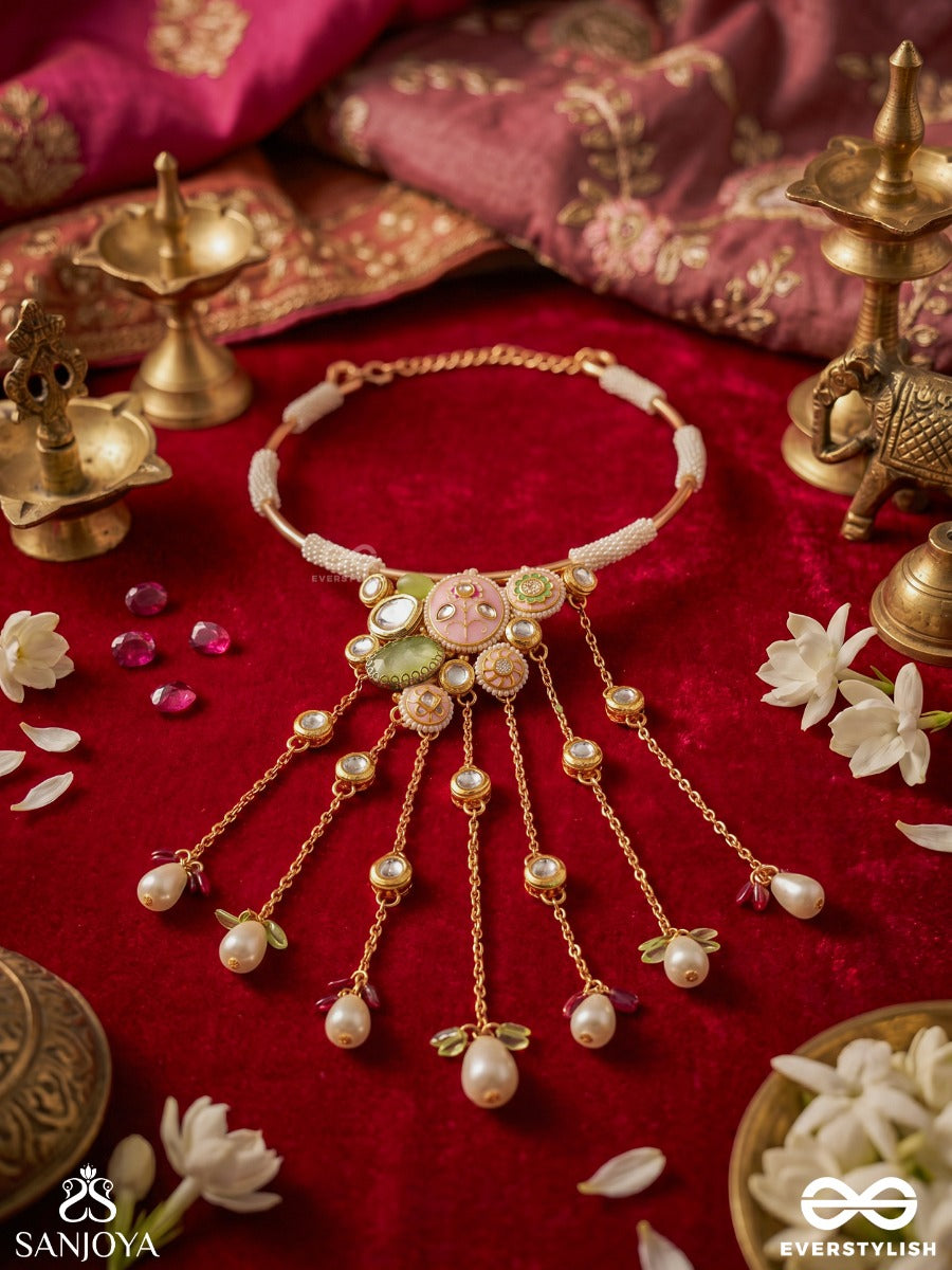 Kanthraaga – Melody Of The Neck – Ornate Hasli Necklace With Rigid Gold-Tone Collar, Colourful Thread Tassels, Pearl Accents And Dangling Bead Details