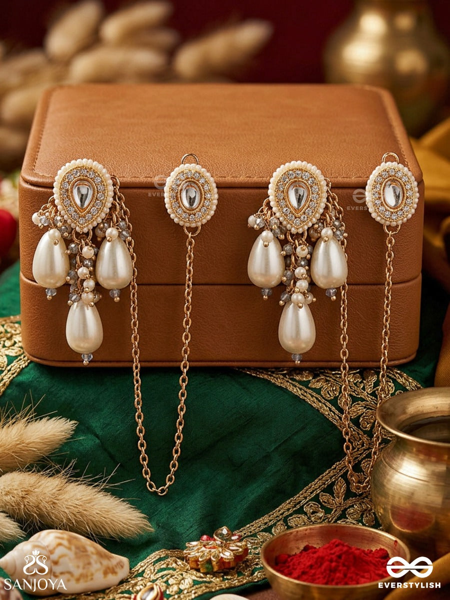 Karnamukti – Pearl Of The Ear – Elegant Earrings With Earchain, Oval Top Motifs, Delicate Gold-Tone Chainwork And Soft Pearl Drop Accents