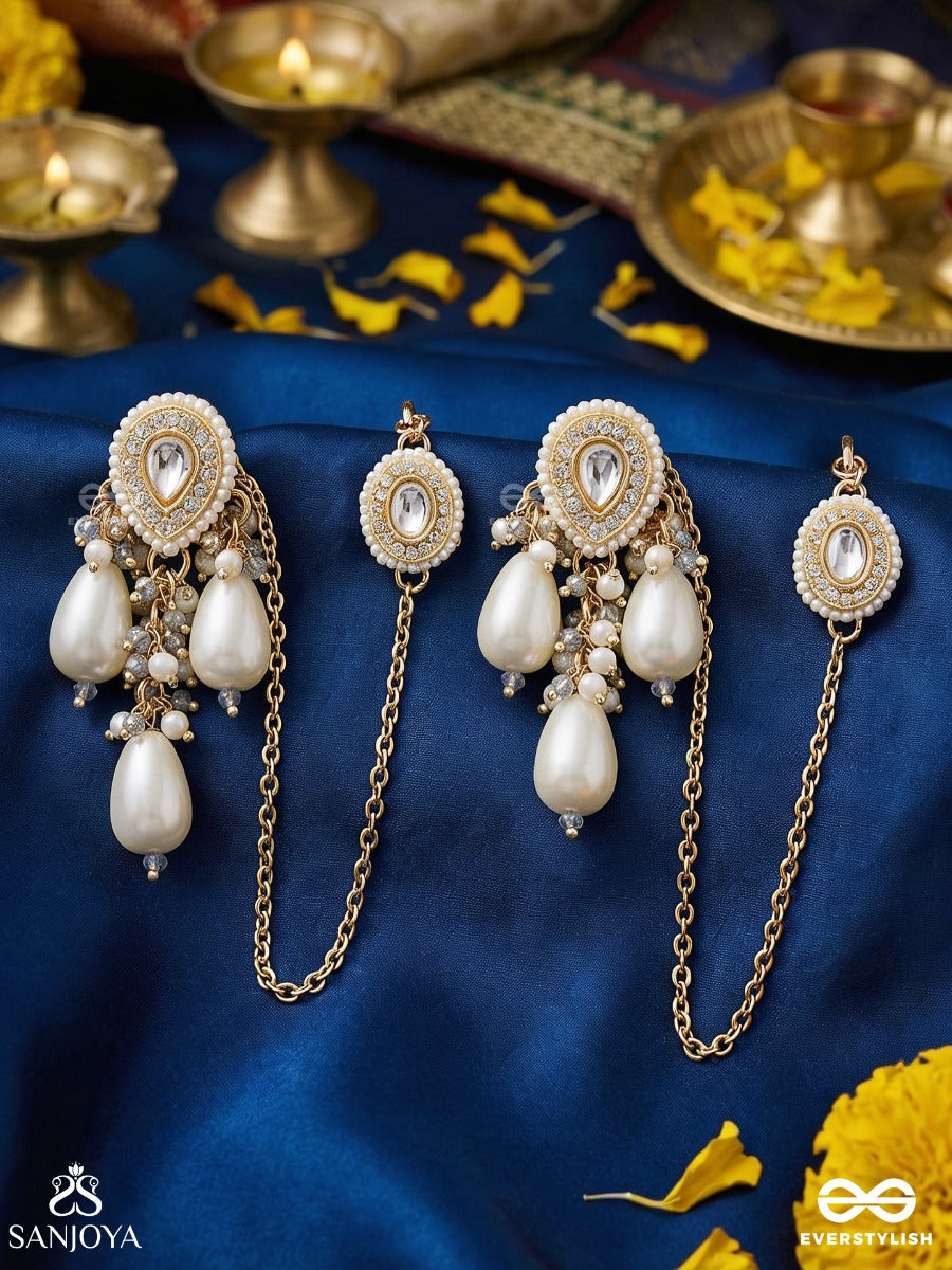 Karnamukti – Pearl Of The Ear – Elegant Earrings With Earchain, Oval Top Motifs, Delicate Gold-Tone Chainwork And Soft Pearl Drop Accents