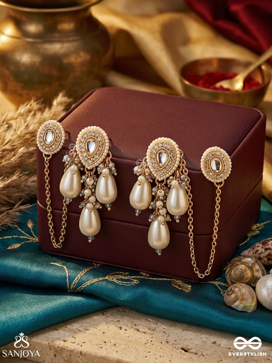 Karnamukti – Pearl Of The Ear – Elegant Earrings With Earchain, Oval Top Motifs, Delicate Gold-Tone Chainwork And Soft Pearl Drop Accents